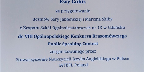 Powiększ grafikę: Podziękowania dla p. E. Gobis za przygotowanie uczniów do konkursu.