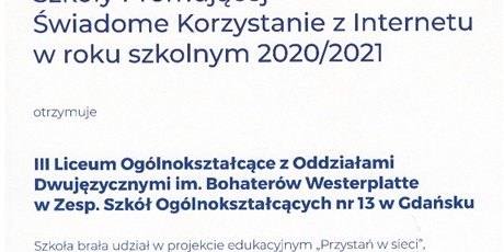 Powiększ grafikę: Zdjęcie certyfikatu potwierdzającego szerzenie przez szkołę wiedzy nt. świadomego korzystania z internetu w roku szkolnym 2020/2021