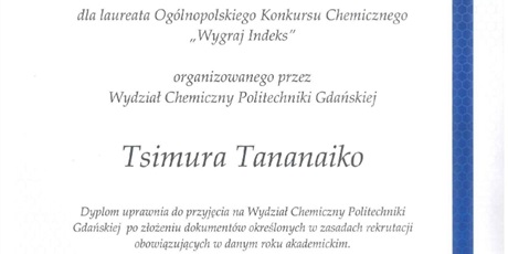 Tsimur Tananaiko laureatem XXX Ogólnopolskiego Konkursu Chemicznego "Wygraj Indeks"